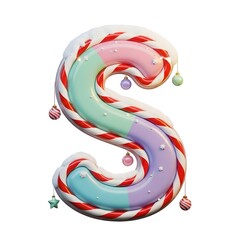 Festive candy cane letter s illustration with colorful pastel design on white background