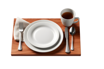 Clean modern dining plate set with fork and spoon arranged on top, restaurant-style presentation, Isolated to Transparent Background