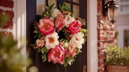 A vibrant floral wreath featuring pink and white peonies adorns a black front door, adding a touch of elegance to the entrance.