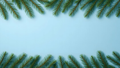 Christmas background. Green fir branches on a bluebackdrop. Christmas, winter holidays, New Year	
