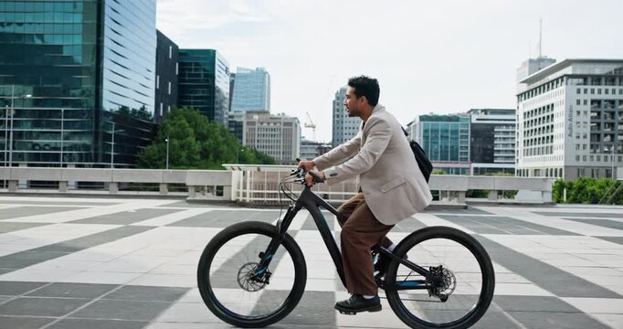 Bicycle, travel and businessman in city with briefcase for sustainability, transportation or direction. Cycling, riding and male corporate employee on eco friendly bike for commuting in urban town.