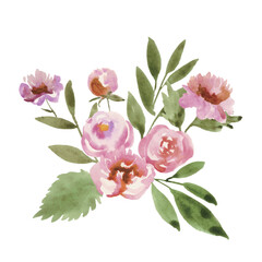 Watercolor Pink Peony Bouquet Illustration, Hand-Painted Floral Clipart