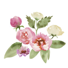 Watercolor Pink Peony Bouquet Illustration, Hand-Painted Floral Clipart