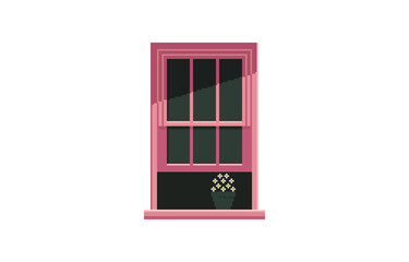 Pixel art window with a pink frame and a small pot of yellow flowers on the sill. This retro 8-bit house element is perfect for game backgrounds or cozy scene illustrations.
