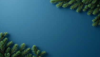 Christmas background. Green fir branches on a deep blue backdrop. Christmas, winter holidays, New Year	
