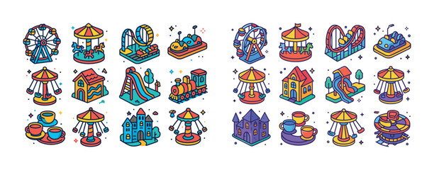 Fototapeta premium Colorful amusement park rides: carousel, ferris wheel, roller co