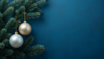christmas tree with white balls in dark blue  background


