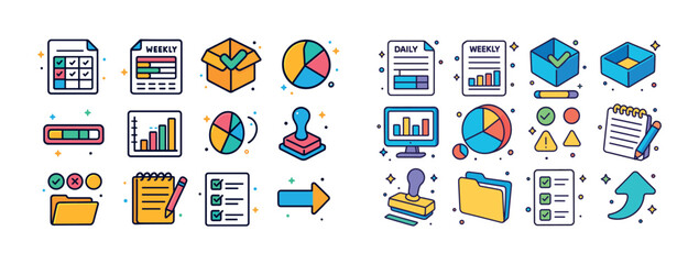 Colorful business icons for data, planning, and organization