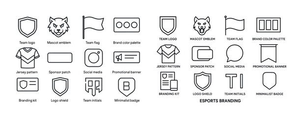 Esports branding icons: shields, emblems, logos, jerseys, flags