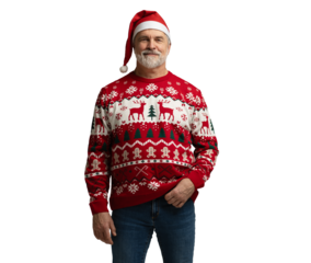 Merry satisfied smiling mature man wear knitted christmas sweater Santa hat posing on isolated transparent background. Happy New Year 2026 celebration holiday concept