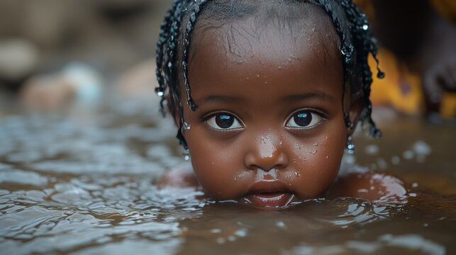 Close up of an African child as they collect dirty drinking water from a stream.