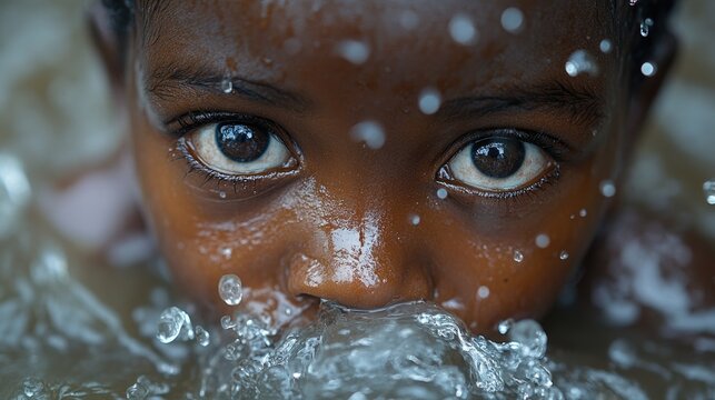 Close up of an African child as they collect dirty drinking water from a stream.