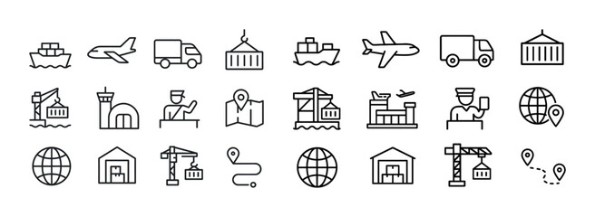 Logistics and transportation icons: ship, plane, truck, warehous