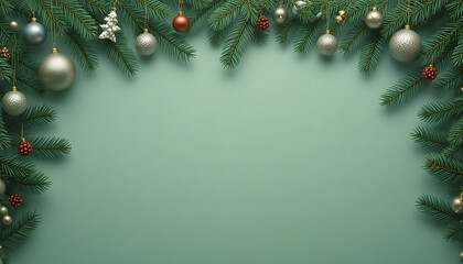 Christmas background. Green fir branches with gold baubles on a red backdrop. Christmas, winter holidays, New Year