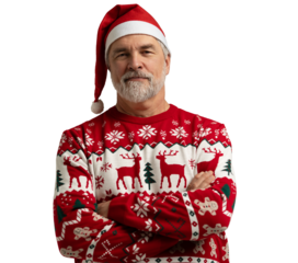 Merry satisfied smiling mature man wear knitted christmas sweater Santa hat posing on isolated transparent background. Happy New Year 2026 celebration holiday concept