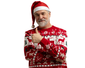Merry satisfied smiling mature man wear knitted christmas sweater Santa hat posing showing thumb up like gesture wink isolated on transparent background Happy New Year 2026 celebration holiday concept