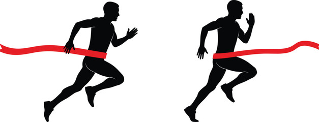 Two black silhouette runners crossing a red finish line ribbon running race