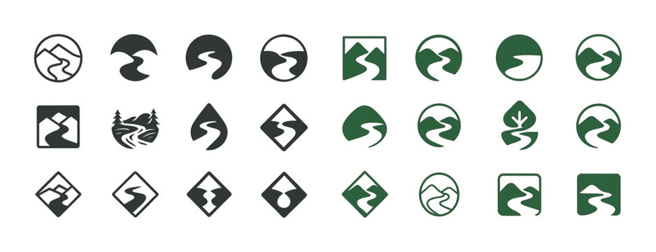 Nature-inspired emblems: river and mountain symbol collection