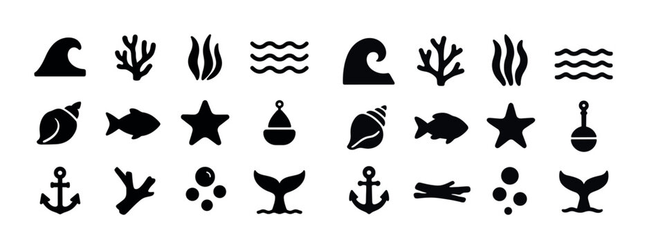 Collection of nautical and marine icons: wave, coral, fish, anch