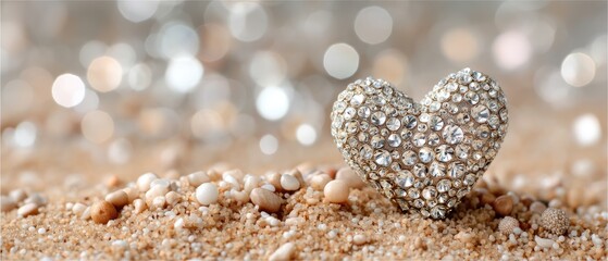 Close-up of a heart-shaped glitter object on golden sand with colorful lights in the background creates a stunning visual scene