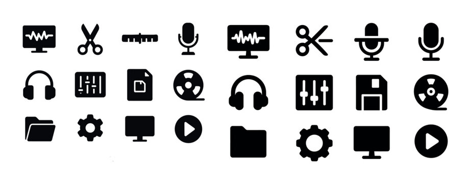 Music and video editing icons set: microphone, scissors, headpho