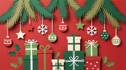 Christmas Paper Cut Artwork with Hanging Ornaments and Gift Boxes on Red Background
