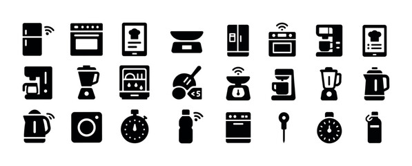 Smart kitchen appliances icons: fridge, oven, blender, kettle, d