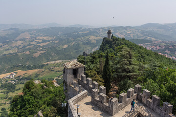 Beautiful view of San Marino tower,  fields and hills.