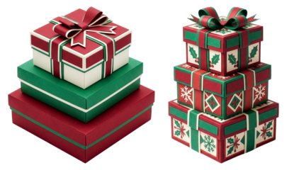 Christmas Paper-Craft Gift Boxes with Ribbons and Holiday Decorations on Transparent Background