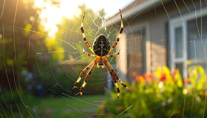 Garden spider on its web in the morning sun.