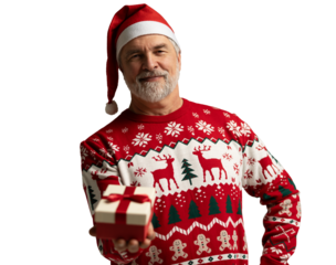 Merry mature man wear red warm knitted sweater Santa hat holding present box isolated on transparent background New Year 2026 holiday concept