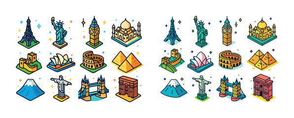 Fototapeta premium Iconic world landmarks: eiffel tower, statue of liberty, big ben