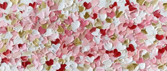 Fototapeta premium Oil painting showing many hearts in shades of pink, red, and white on a cream background with thick strokes created using the impasto technique for texture