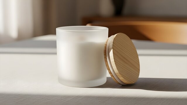 Frosted glass candle with wood lid
