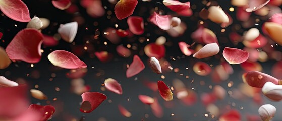 Falling red rose petals on a dark background create a romantic scene with soft lighting and clear details captured with a macro lens