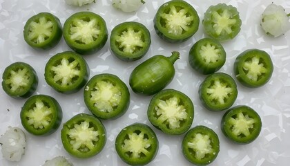 Isolated green chili pepper slices on a clear backdrop
