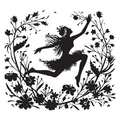 black and white background fairy with flowers silhouette