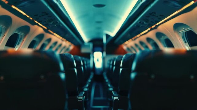 Vacant airplane cabin with rows of seats and overhead compartments.