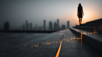 A silhouetted figure walks down stairs against a hazy city skyline at sunset, with illuminated lines accentuating the steps. A serene urban scene.