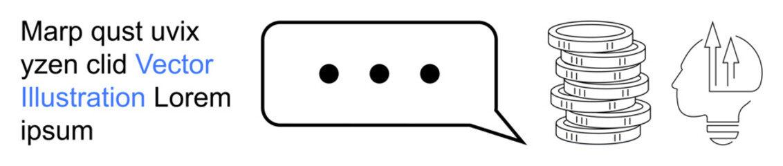 Communication, finance, innovation, technology, brainstorming, growth. Speech bubble, stacked coins light bulb with arrow design. Communication and finance concept