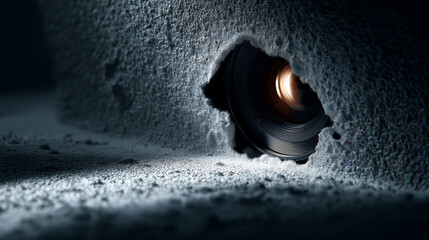 A close-up view of a camera lens peeking through a textured wall, illuminated by soft light, creating a mysterious and intriguing atmosphere.