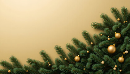 Christmas background. Green fir branches with gold baubles on a cream backdrop. Christmas, winter holidays, New Year