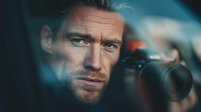 A focused photographer gazes intently through a camera lens, capturing moments with meticulous attention, framed by blurred reflections. - Powered by Adobe