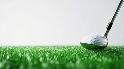 Golf club resting on green grass with white golf ball.
