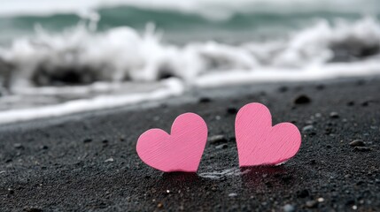 Obraz premium Two pink hearts made of water on black sand with sea foam waves in the background create a romantic scene for love and connection