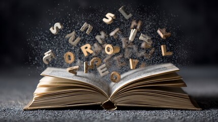Open book with flying wooden letters fantasy concept.