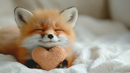 Baby red fox cub sweetly embracing a plush heart, resting comfortably on a soft white blanket with closed eyes and a content smile, embodying love, warmth, and peaceful dreams