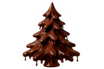 Chocolate christmas tree shape with ganache dripping, symbolizing holiday treats and sweet deliciousness, isolated on transparent background