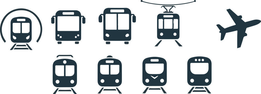 Public transportation icons set train bus tram airplane travel symbols