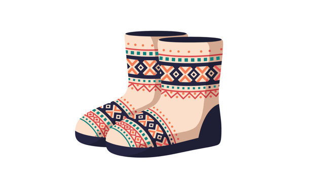 A cozy pair of traditional felt winter boots or valenki decorated with colorful red green and blue folk art patterns.